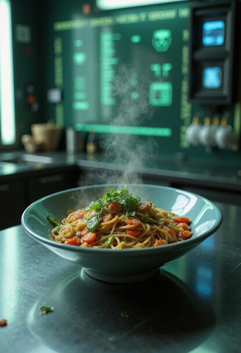 The Matrix Nebuchadnezzar Noodle Bowl in a futuristic cyberpunk kitchen with neon lights and metallic surfaces, featuring steaming noodles and vibrant toppings.