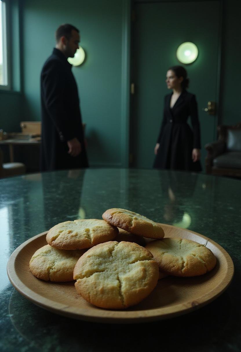 The Matrix The Oracle's Know Thyself Cookies placed on a wooden platter in a futuristic setting inspired by The Matrix, with Neo and Trinity in the background.