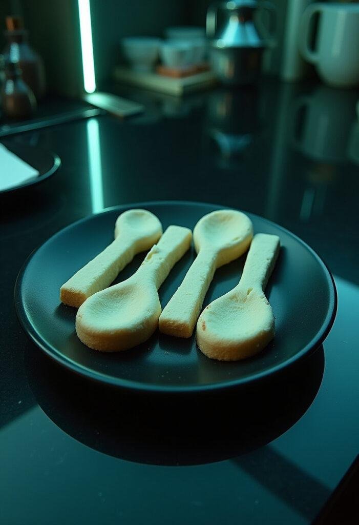 The Matrix-themed bendable sugar cookies shaped like spoons displayed in a high-tech lab setting