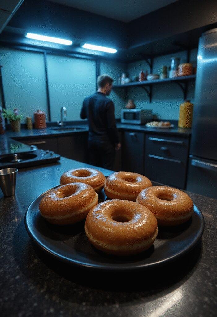 The Matrix Trinity's Dodge This Bullet Hole Donuts on a black plate in a futuristic cyberpunk kitchen scene.