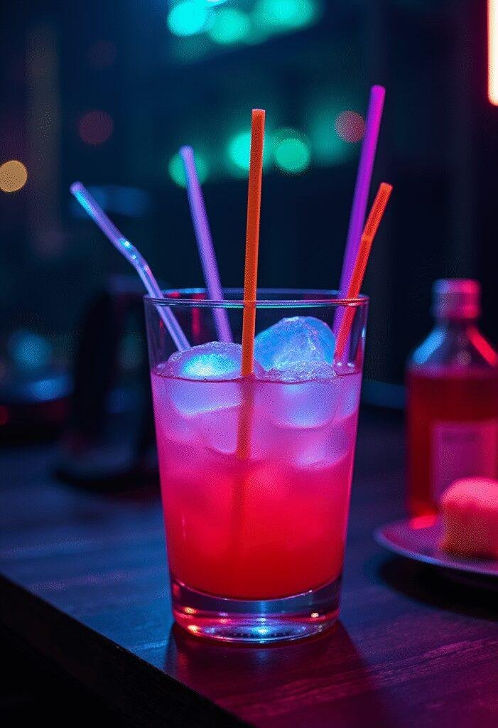 Matrix Zion Rave Punch in a glass bowl with glowing ice cubes and neon decor, set in a dark, futuristic rave scene inspired by The Matrix.