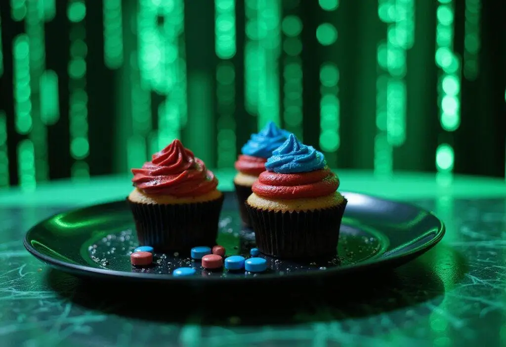 The Matrix's Red Pill and Blue Pill cupcakes displayed on a black plate in a futuristic neon-lit setting, inspired by the movie's cyberpunk theme.