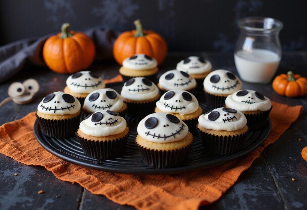 Jack Skellington-themed pull-apart cupcakes displayed on a Halloween table, inspired by The Nightmare Before Christmas, with spooky decorations and themed frosting