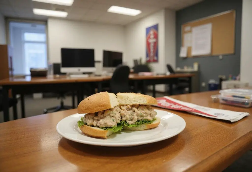 The Office Andy's Big Tuna Salad Sandwiches plated on an office desk, showcasing a hearty tuna salad sandwich in a casual workspace setting, inspired by The Office.