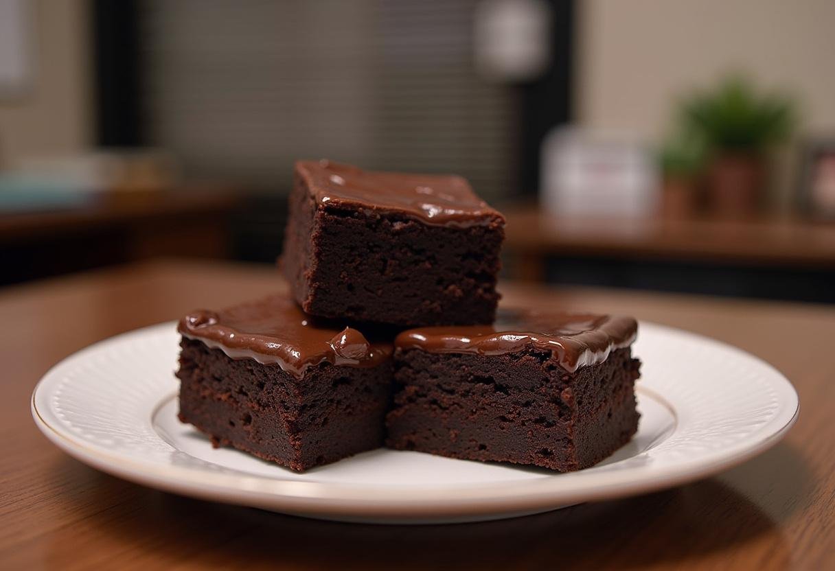 Angela's Double Fudge Brownies from The Office on a desk with an office backdrop, showing rich, glossy chocolate fudge brownies in a realistic setting.