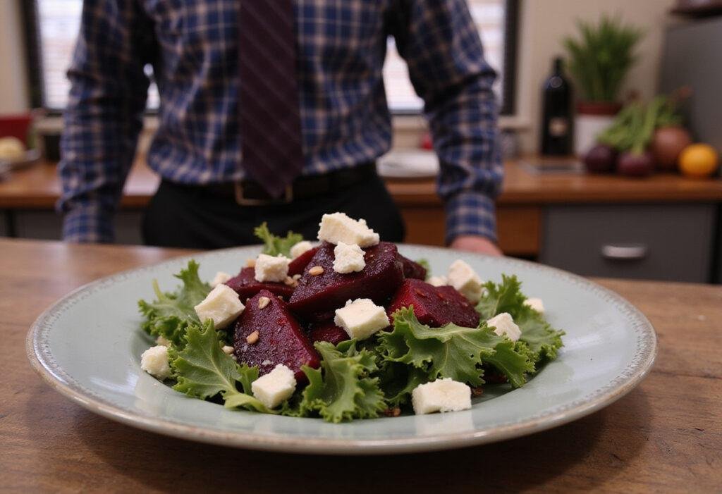 Beet salad inspired by The Office with roasted beets, greens, and cheese, served in a kitchen setting reminiscent of Schrute Farms
