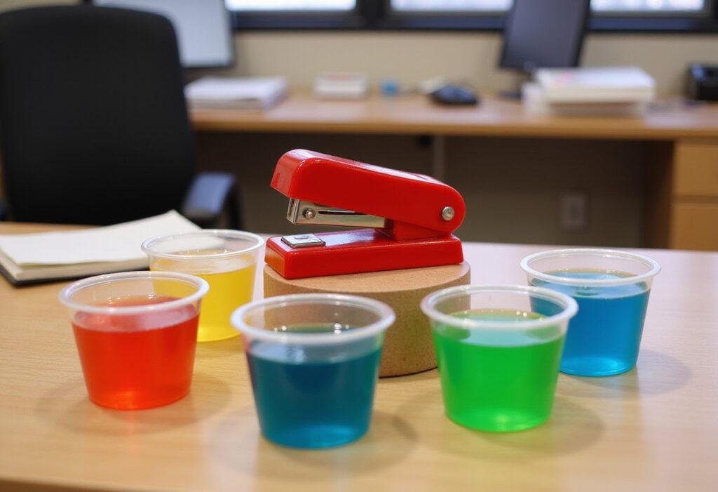 The Office Jim's Jello Stapler Jello Cups, colorful prank dessert in an office setting inspired by The Office TV show, perfect for Jim Halpert's prank.