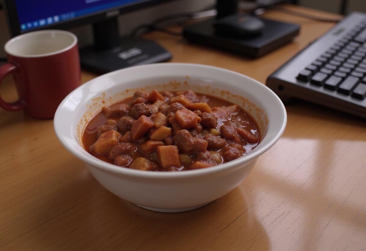 Kevin's famous chili from The Office TV show in a realistic office setting, served in a bowl with office accessories around