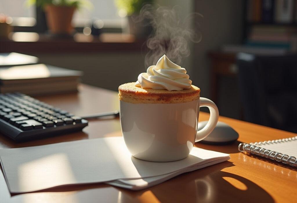 The Office Michael's World's Best Boss Coffee Mug Cake served in an office setting inspired by The Office TV show, carrying a humorous and cozy vibe.