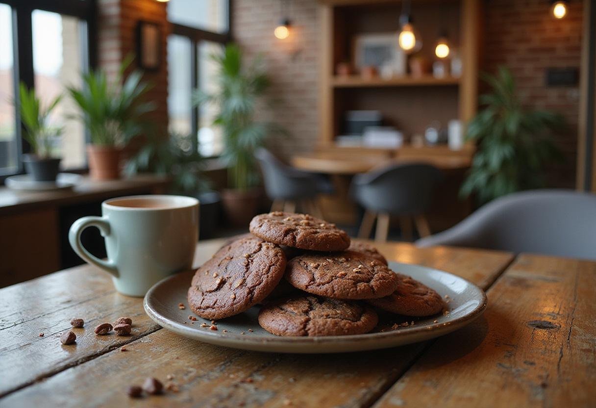 Mexican hot chocolate cookies inspired by The Office, displayed in an office break room setting with warm lighting and Office-themed decor