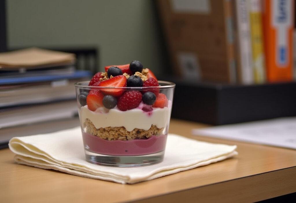 The Office Pam's Office Mixed Berry Yogurt Parfait displayed on Pam Beesly's desk with fresh berries and granola, in a cozy office setting.