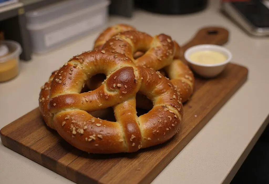 The Office Stanley's Pretzel Day Soft Pretzels with Extra Dips on a wooden platter in an office break room setting