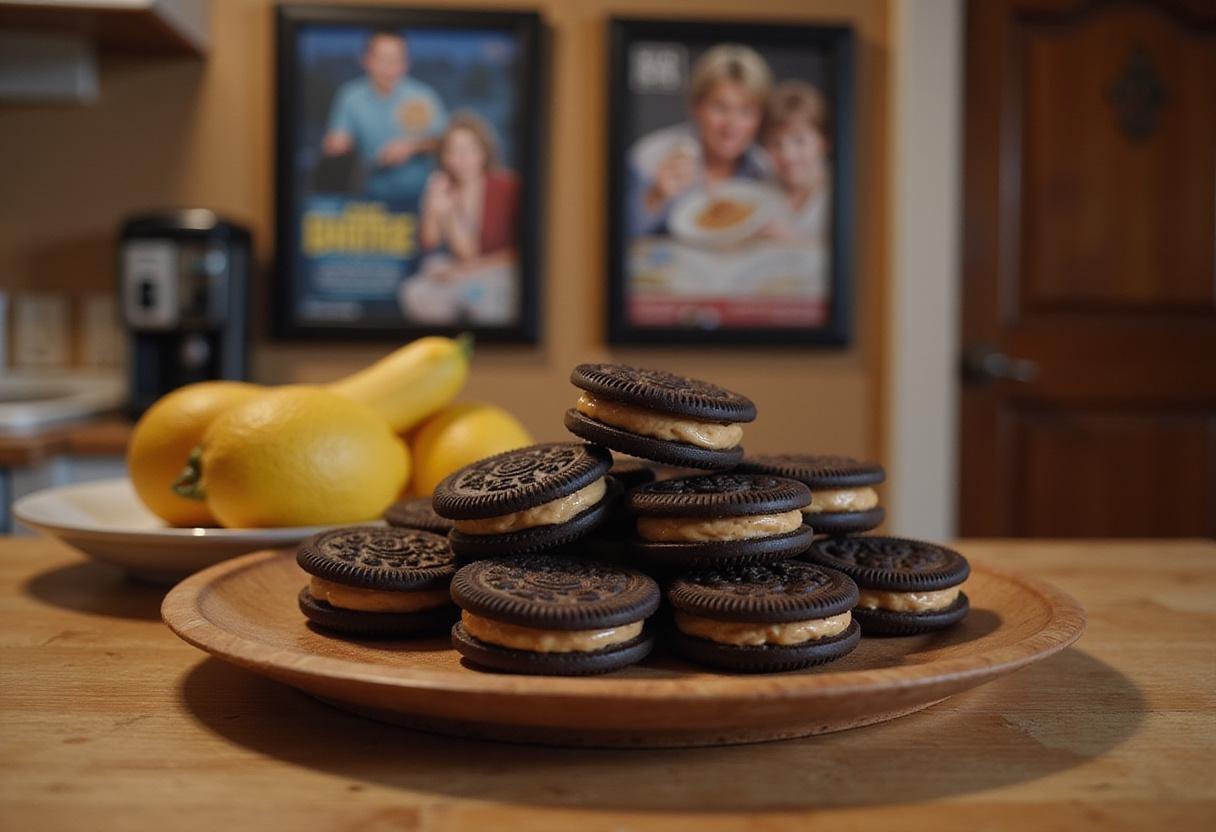 The Parent Trap's Oreos with Peanut Butter on a wooden plate, a perfect nostalgic movie snack setting