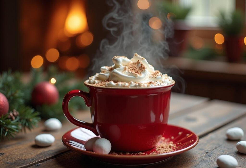 The Polar Express' hot chocolate in a cozy Christmas setting with whipped cream and marshmallows, perfect for holiday movie nights.