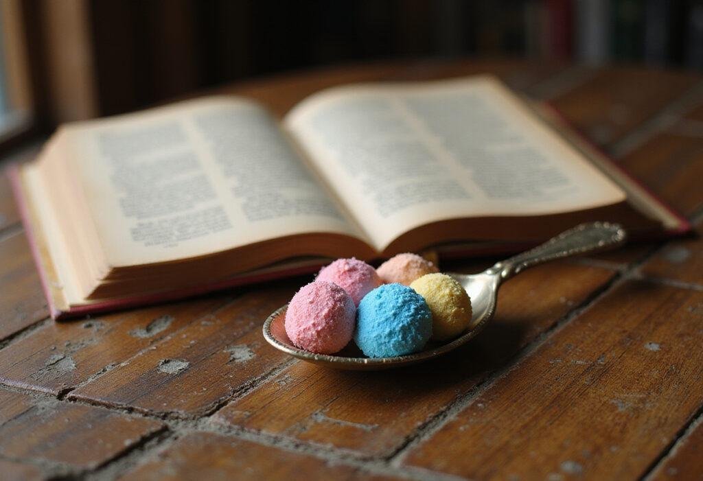 The Princess Bride's Iocane Powder Pop Rocks candy arranged on a spoon in a fairy tale-themed setting, capturing the whimsical and magical essence of the movie.