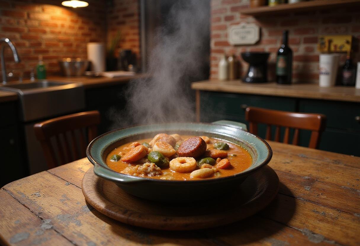 The Princess and the Frog's gumbo served in a bowl on a rustic table, showcasing traditional New Orleans ingredients and ambiance