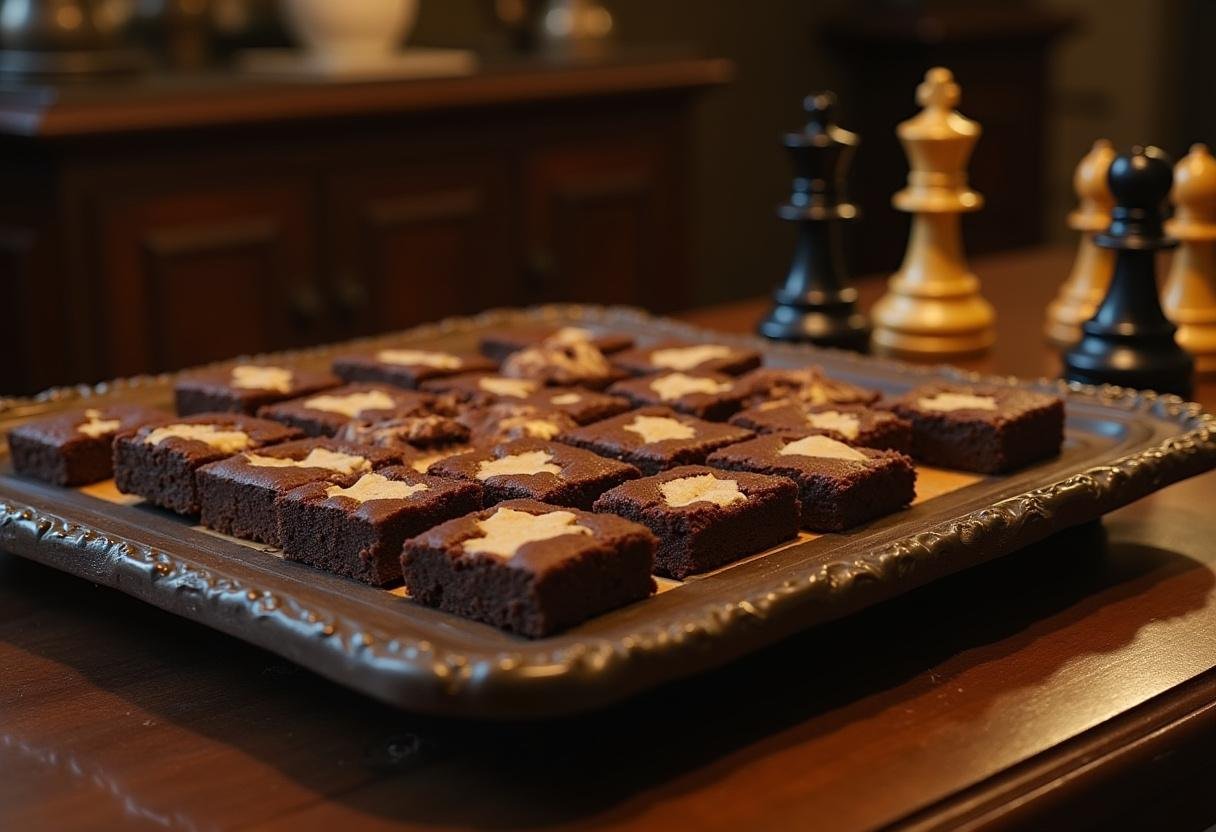 Chessboard brownies themed after The Queen's Gambit, arranged on a wooden table with a chess set in a cozy, elegant room.