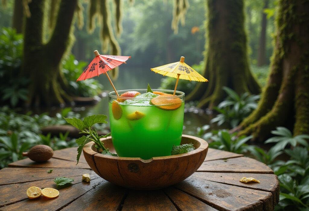 The Rescuers' Swamp Juice - a vibrant green bayou-inspired punch with fruit slices in a swamp scene.