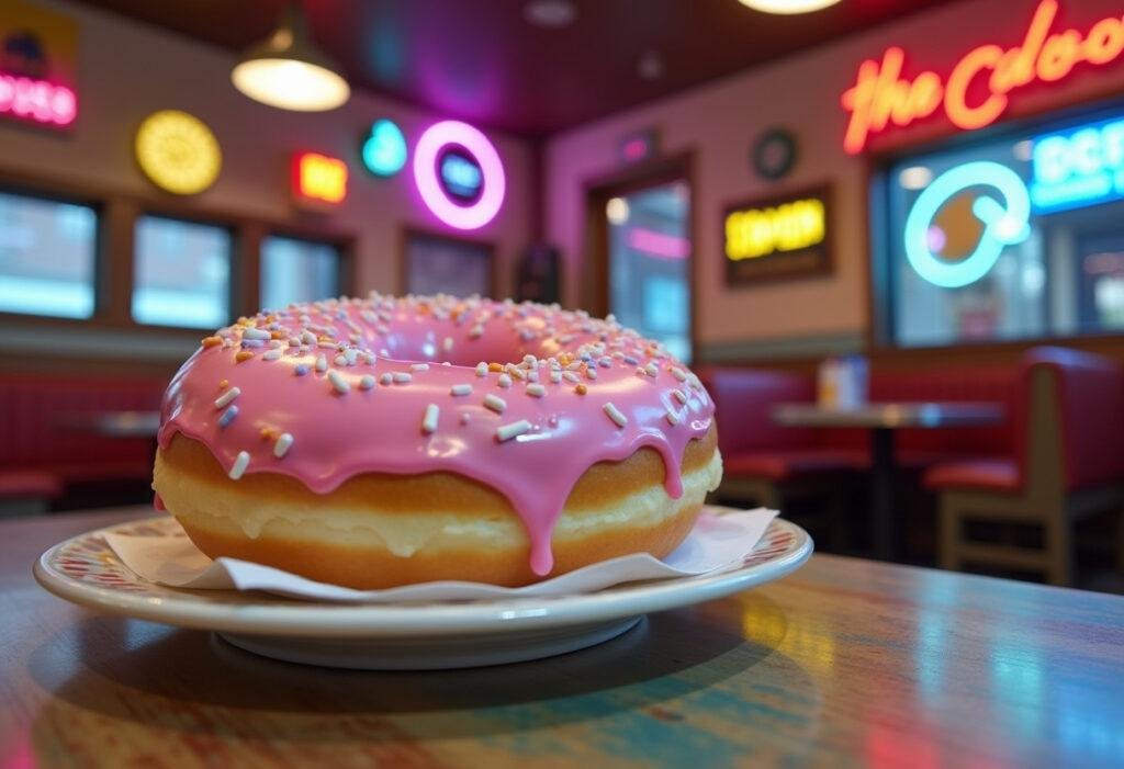 The Simpsons' Lard Lad Donuts: Realistic pink donut with sprinkles in Moe's Tavern setting