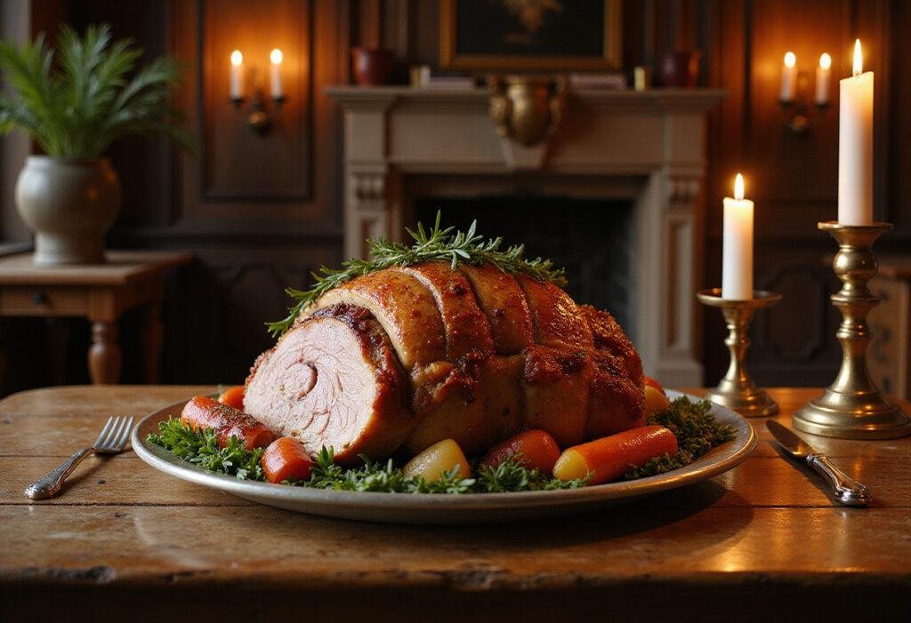 Arthur's Crown Roast from The Sword in the Stone in a medieval castle setting, plated as a regal main course with herbs and vegetables