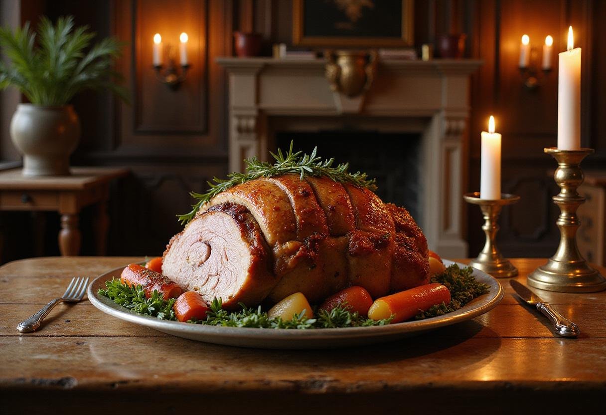 Arthur's Crown Roast from The Sword in the Stone in a medieval castle setting, plated as a regal main course with herbs and vegetables