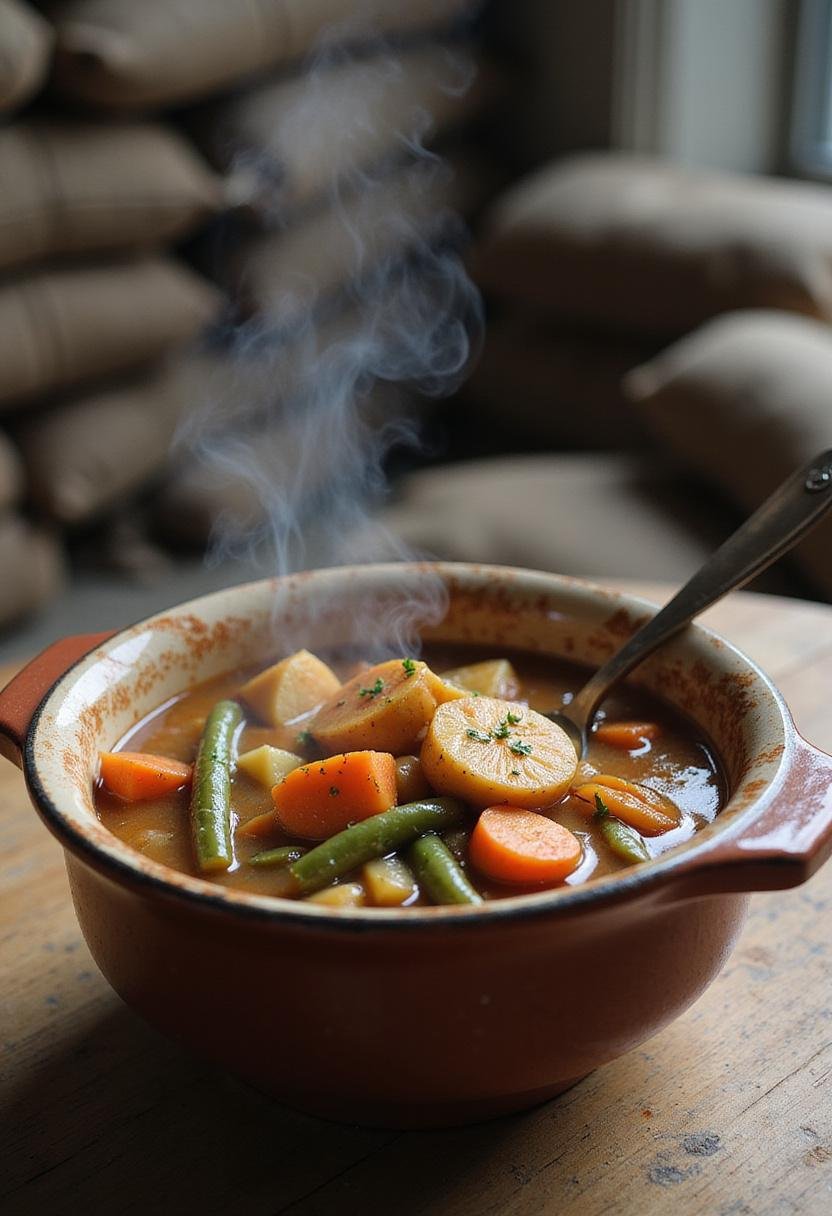 The Walking Dead Alexandria Safe-Zone Veggie Stew served in a rustic bowl in a post-apocalyptic survival setting, featuring colorful vegetables on a wooden table.