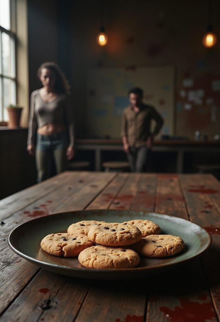 The Walking Dead Carol's Look at the Flowers Cookies on a rustic table with themed decoration in a post-apocalyptic setting