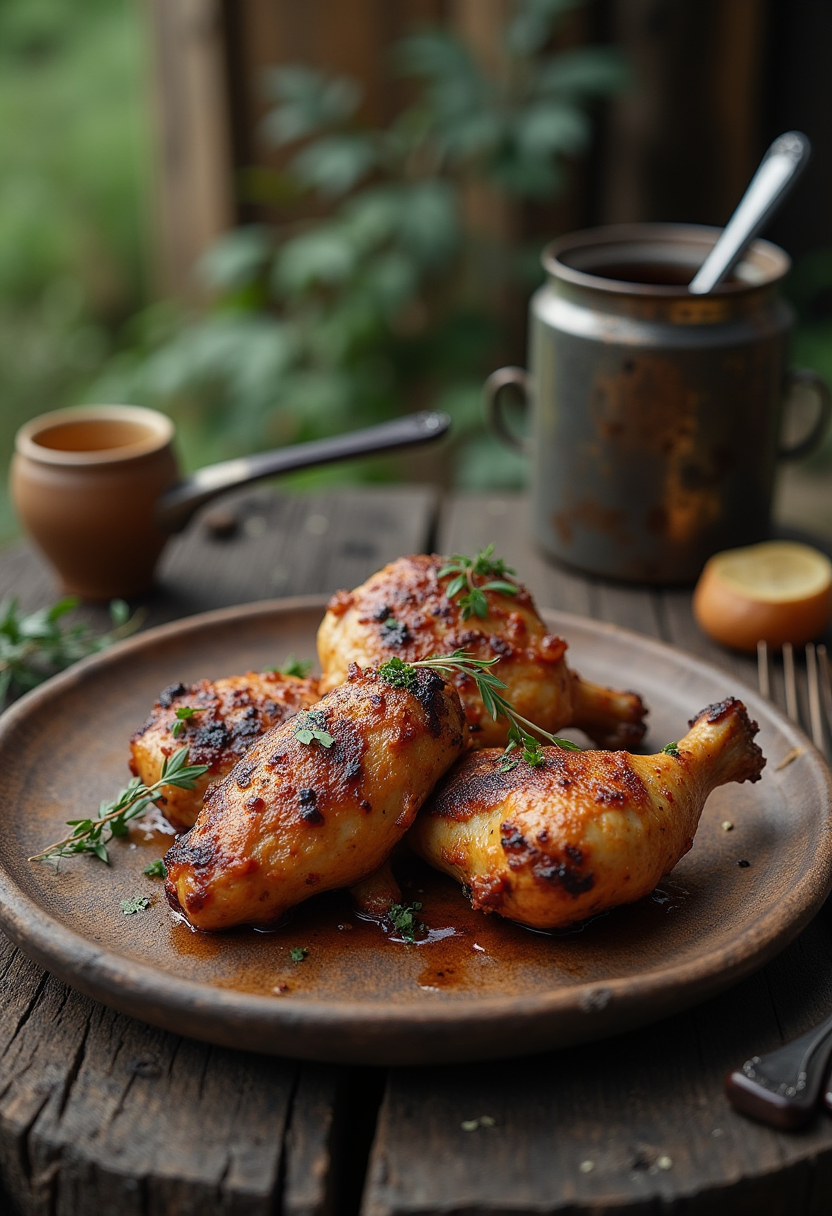 Delicious grilled chicken inspired by The Walking Dead, presented on a rustic plate in an outdoor survival setting.