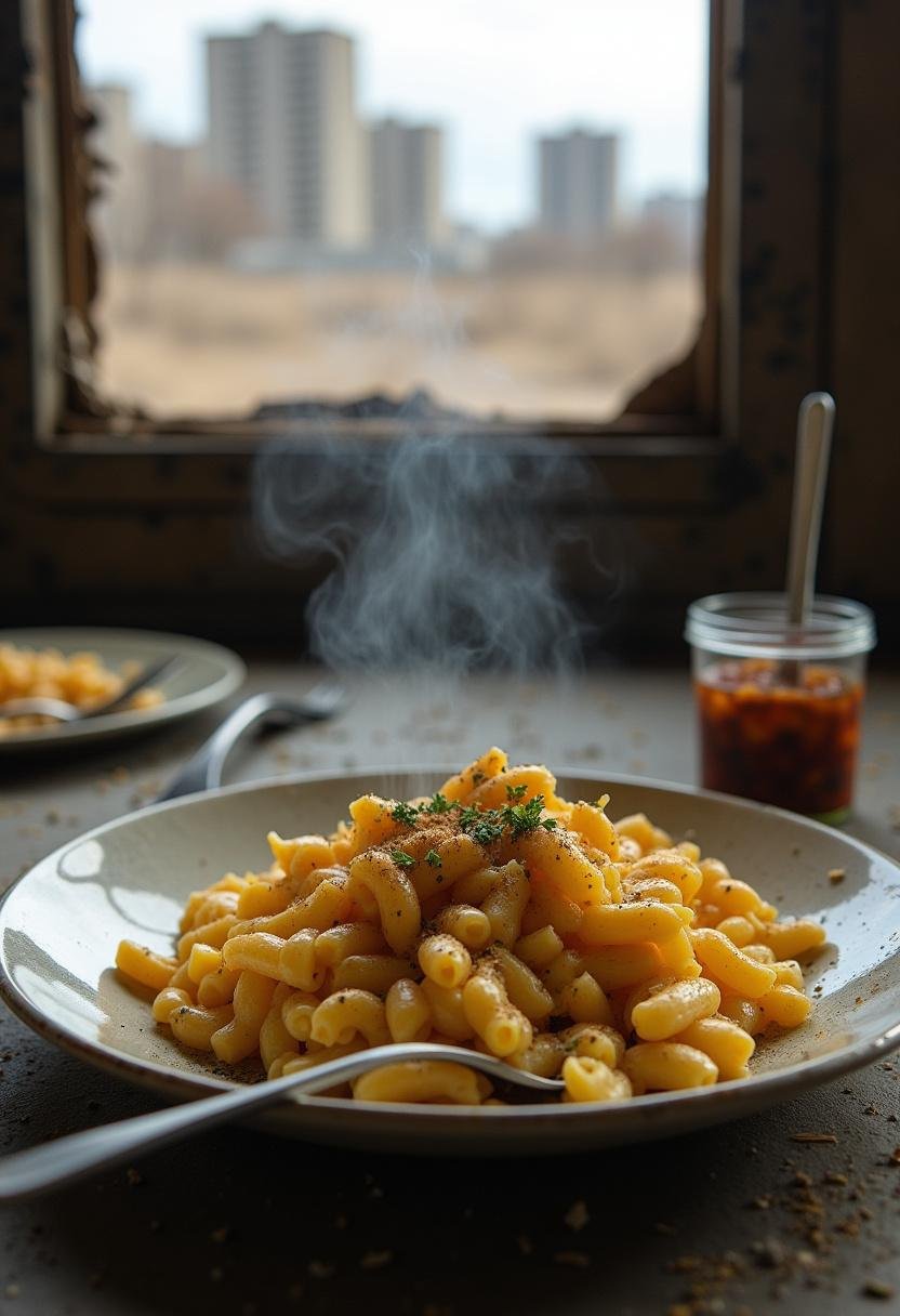 Eugene's Mullet Mac and Cheese served in a survival-themed setting inspired by The Walking Dead, featuring cheesy baked pasta on a rugged table.