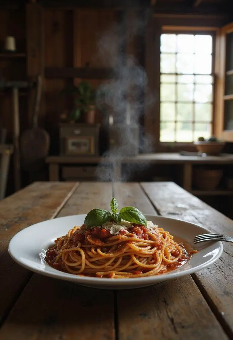 Delicious spaghetti with tomato sauce and basil on a rustic farm table, inspired by The Walking Dead Hershel's Farm setting.