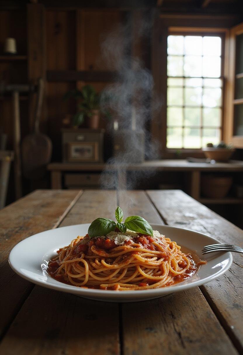 Delicious spaghetti with tomato sauce and basil on a rustic farm table, inspired by The Walking Dead Hershel's Farm setting.