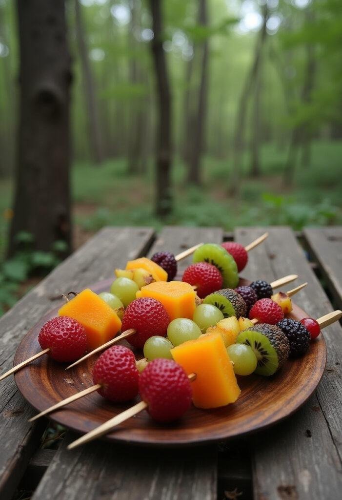 The Walking Dead Michonne's Katana Fruit Skewers displayed on a rustic table in a post-apocalyptic setting, featuring colorful fruit skewers resembling a katana sword inspired by Michonne.