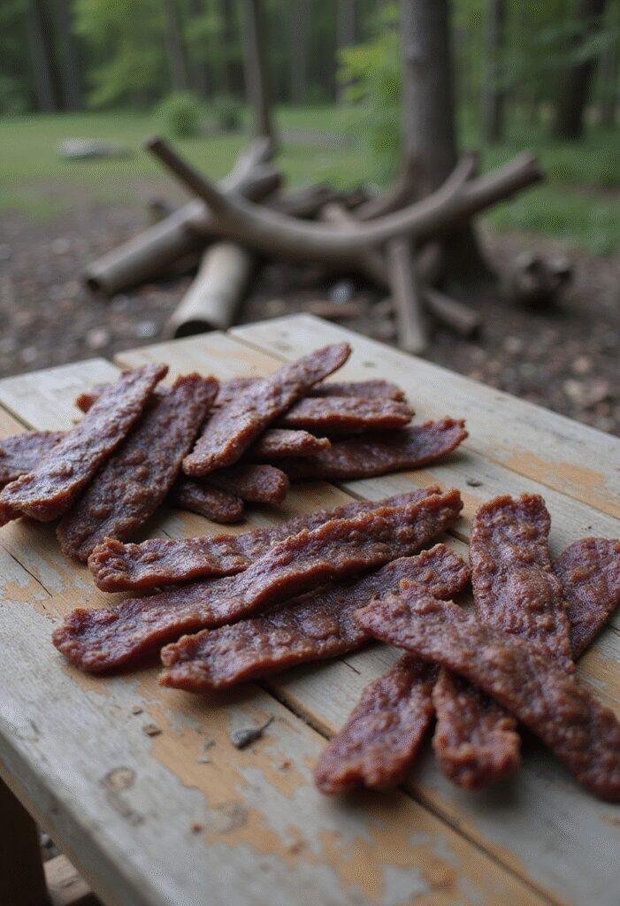 Rick's Stuff and Thangs Beef Jerky on rustic table in The Walking Dead themed setting, showcasing homemade beef jerky ready for survival moments.