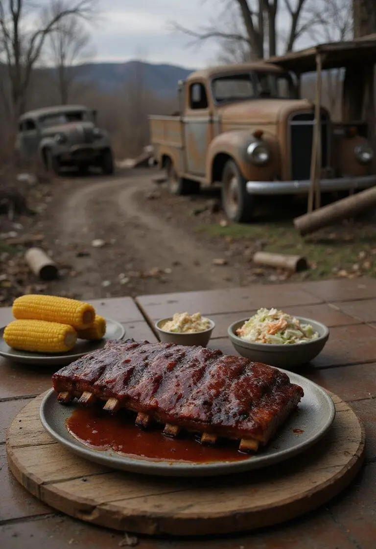 The Walking Dead Terminus BBQ Ribs plated with sides on a rustic table in a post-apocalyptic setting, realistic and appetizing.