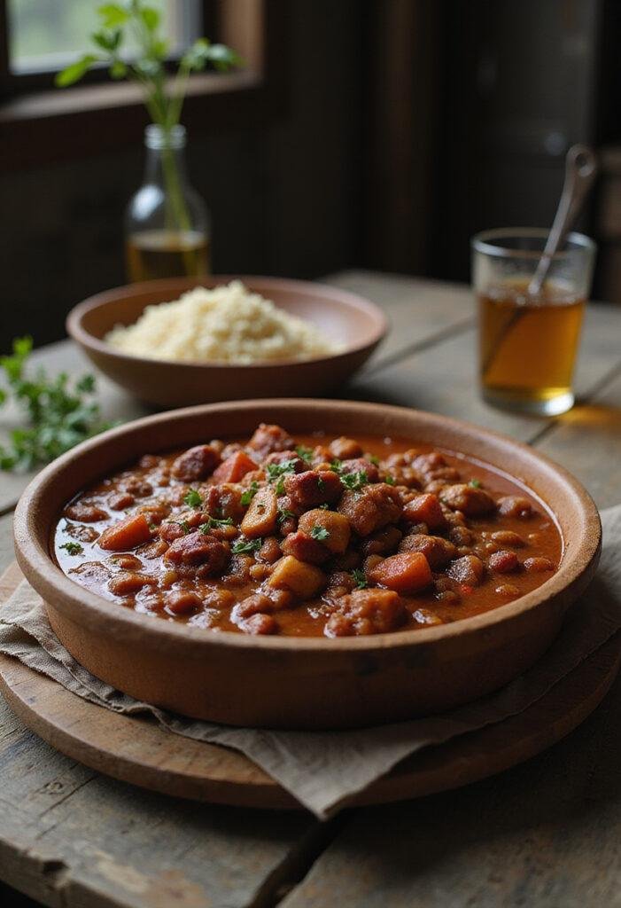 The Walking Dead The Governor's Woodbury Welcome Wagon Chili served in a rustic setting with post-apocalyptic themes.