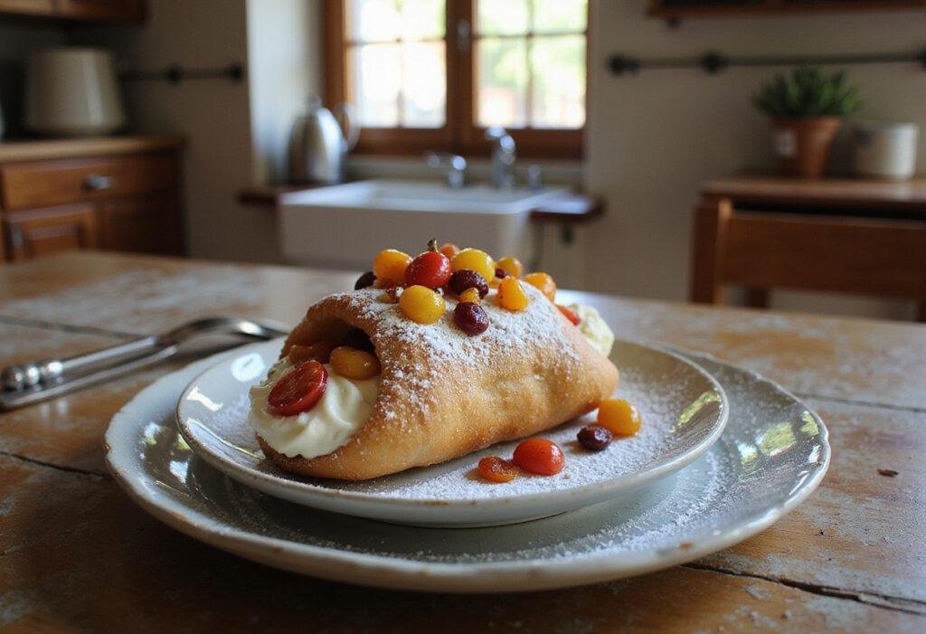 Sicilian cannoli from The White Lotus, filled with ricotta and candied fruit, plated in a Mediterranean kitchen setting.