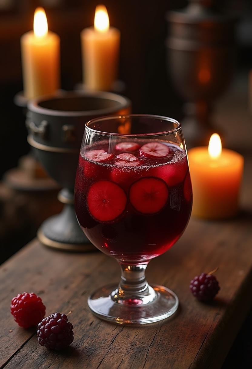 The Witcher Blood and Wine Sangria served in a chalice on a rustic table, featuring fresh fruit in a medieval tavern setting