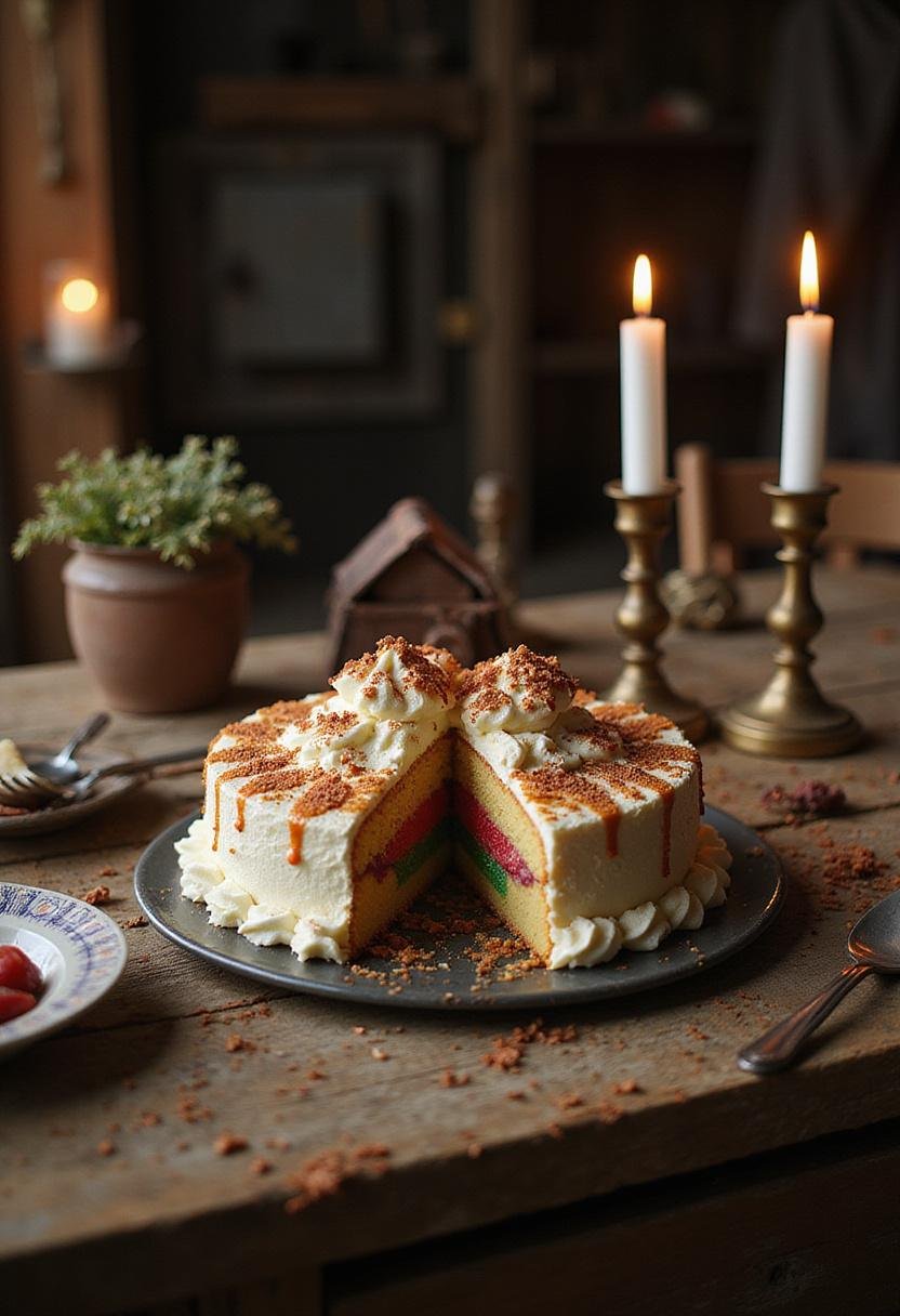 The Witcher Ciri's Child of Surprise Surprise-Inside Cake, a realistic fantasy-themed surprise-inside cake in a medieval setting