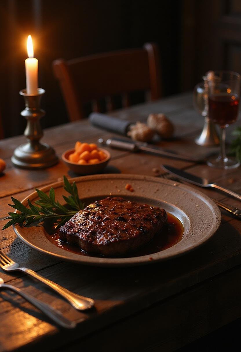Geralt's Butcher of Blaviken steak plated in a medieval setting, inspired by The Witcher series, with rustic ambiance and detailed presentation.