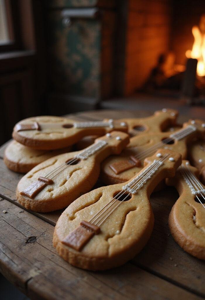 The Witcher Jaskier's lute-shaped cookies on a rustic medieval table, decorated with detailed icing in a fantasy tavern setting.
