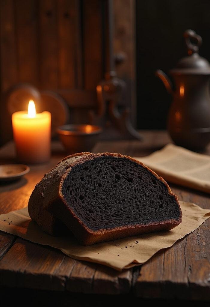 Nilfgaardian Black Bread plated in a medieval kitchen scene inspired by The Witcher series, highlighting its dark crust and dense texture.