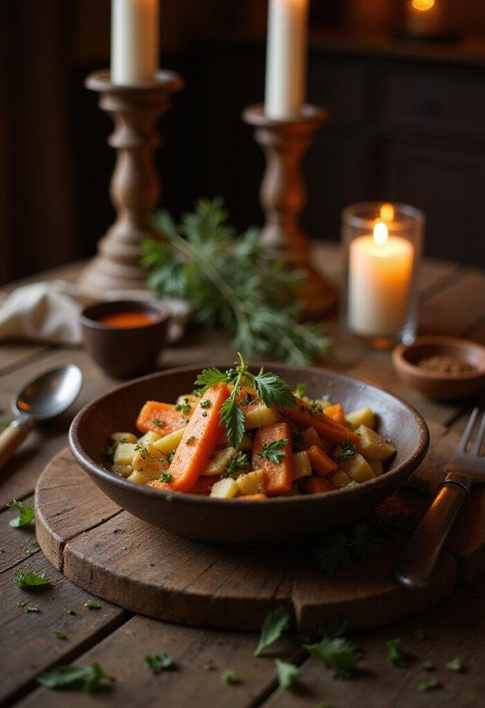 The Witcher Roach's Apple and Carrot Salad served in a rustic setting with fresh apples and carrots in a medieval-inspired scene