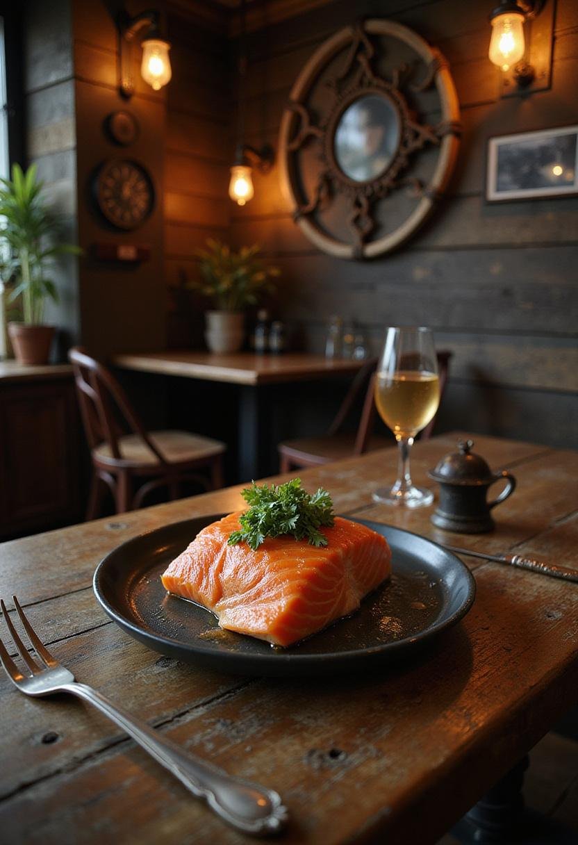 The Witcher Skellige smoked salmon plated in a rustic tavern setting with Celtic and maritime accents, inspired by the Witcher universe