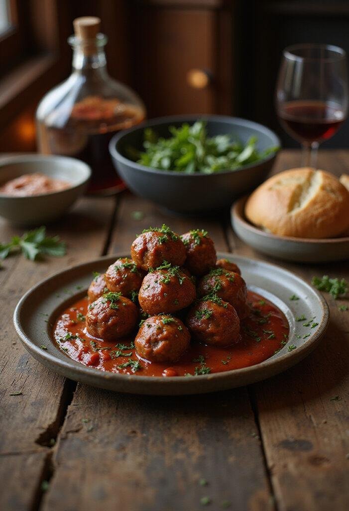 Monster meatballs from The Witcher: The Continent's Monster Meatballs served in a medieval fantasy tavern setting.