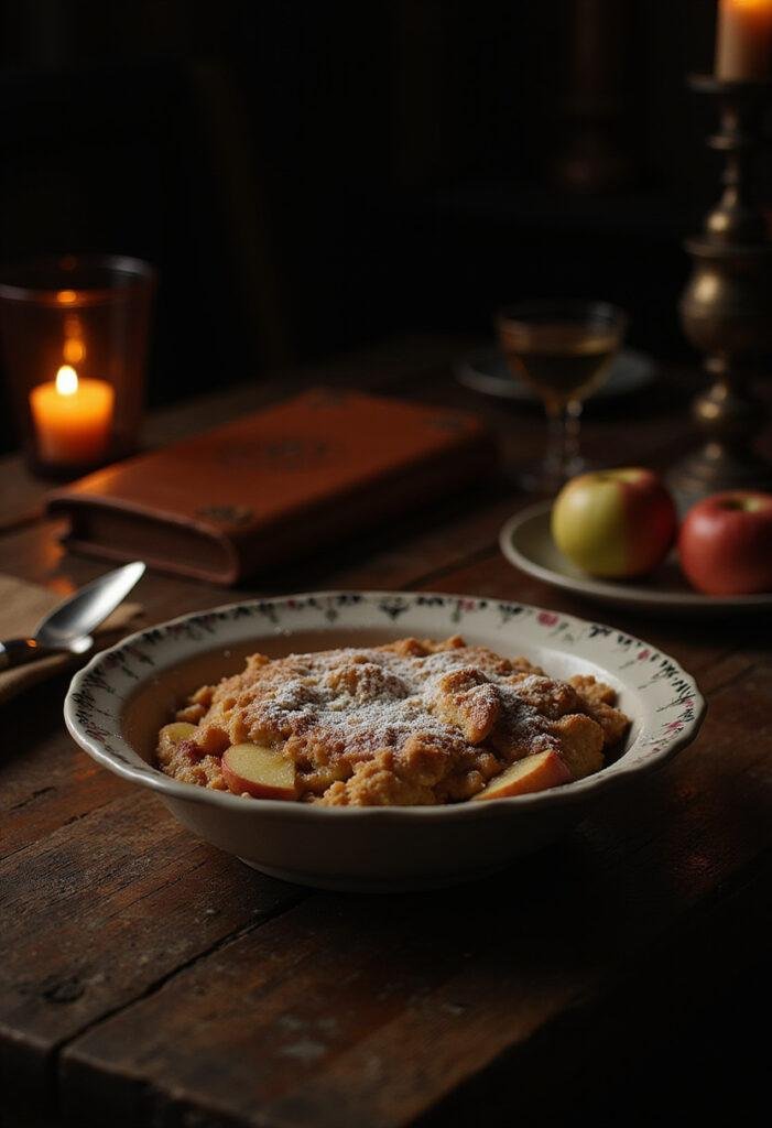 The Witcher White Orchard Apple Crumble on a rustic wooden table, surrounded by medieval-themed items in a cozy fantasy tavern setting.