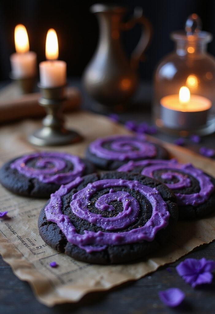 Yennefer's Chaos Magic Swirl Cookies decorated with purple and black swirls on a mystical themed table inspired by The Witcher series.