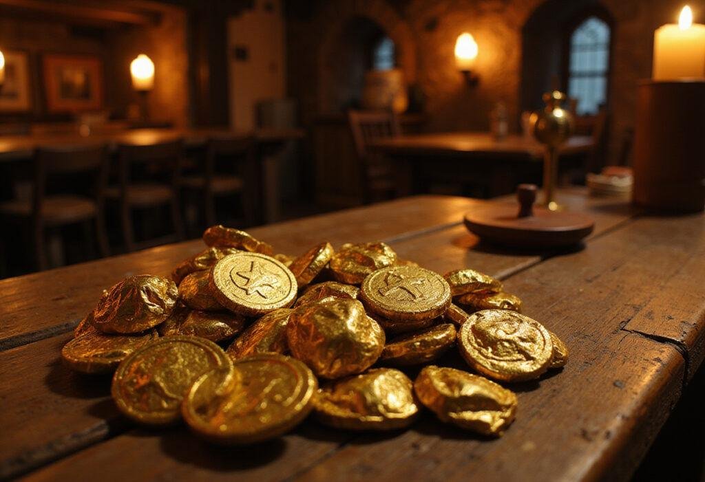 The Witcher's Toss a Coin to Your Witcher chocolate coins arranged on a rustic table in a medieval tavern setting, inspired by The Witcher series.