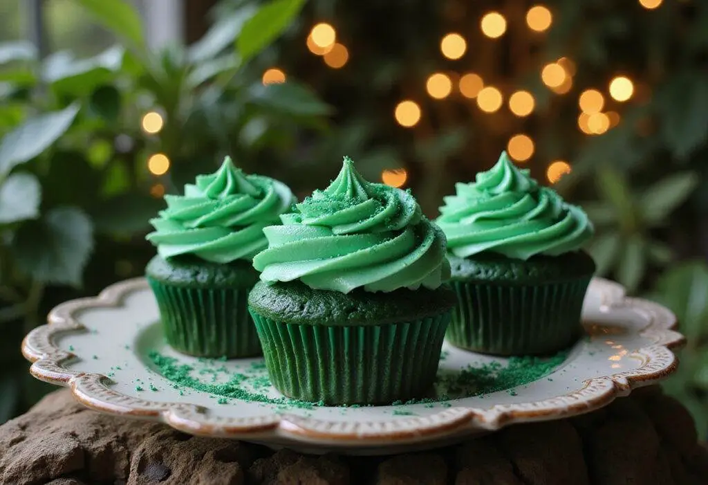 Emerald City Green Velvet Cupcakes inspired by The Wizard of Oz, decorated with green icing and edible glitter in a whimsical garden scene.
