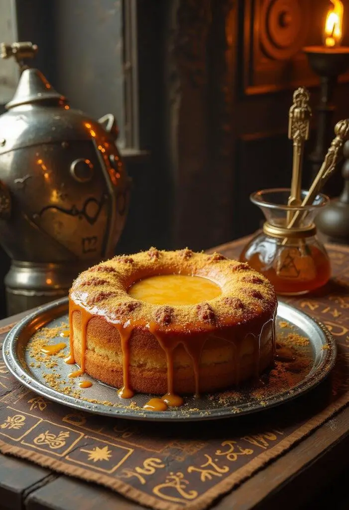 Thor Asgardian Mead Honey Cake served on a decorative plate in an Asgardian-themed setting with Nordic symbols and glowing runes