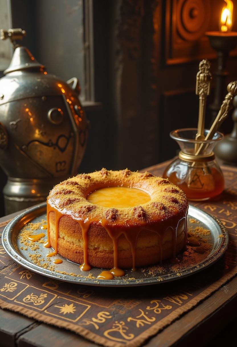 Thor Asgardian Mead Honey Cake served on a decorative plate in an Asgardian-themed setting with Nordic symbols and glowing runes